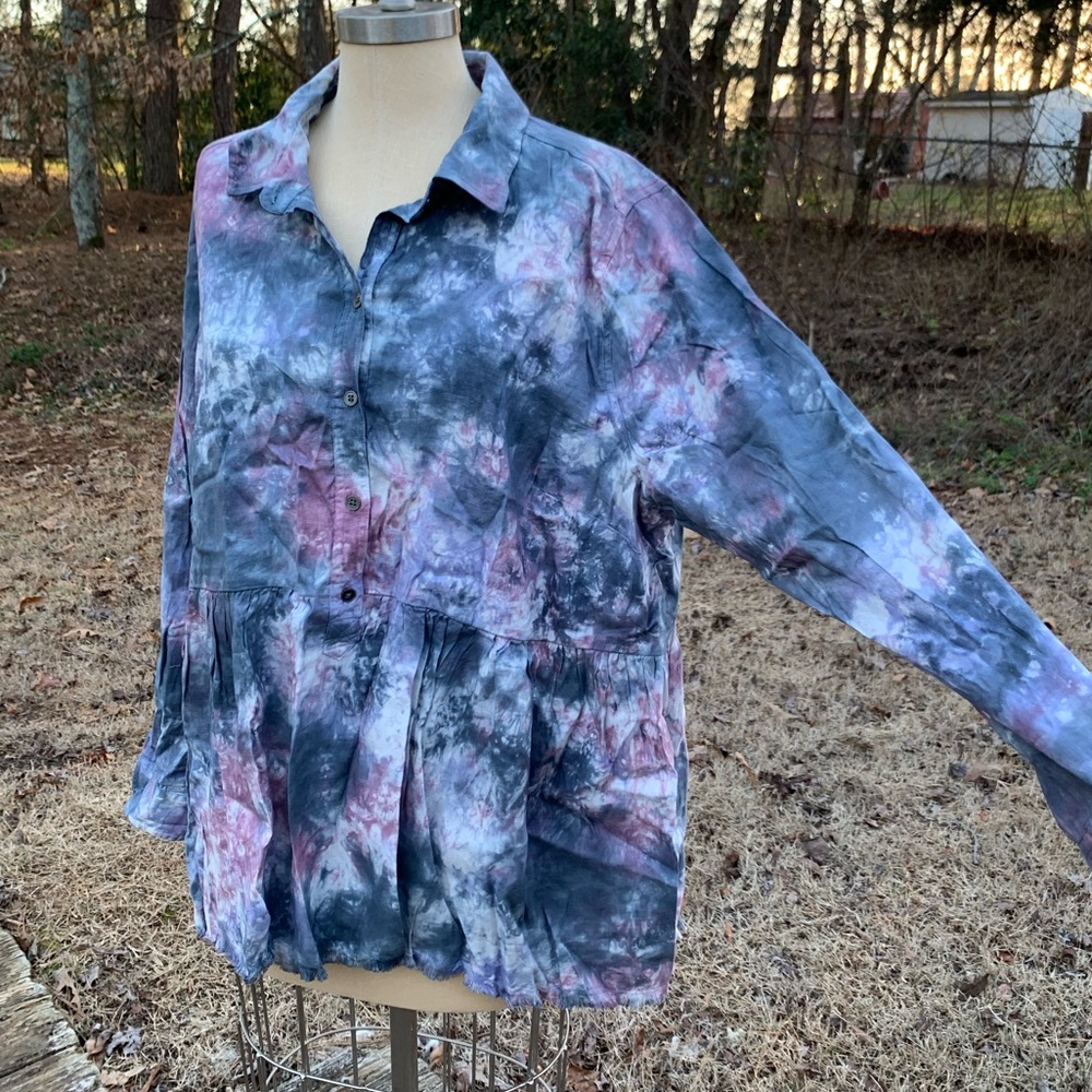 Tie Dye Ruffle Half Button-Up - Picture 11 of 16